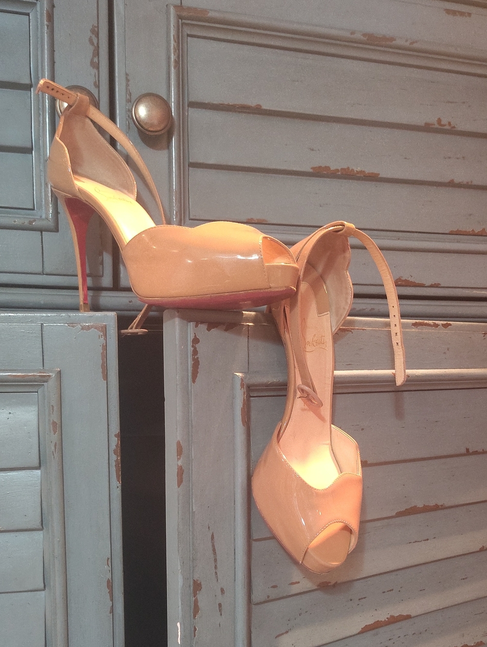 Christian Louboutin Patent Nude Peep-Toe Ankle-Strap Heels